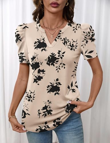 Image of LOMON Spring Summer Tops for Women 2026 V Neck Puff Short Sleeve Tops Fashion Trendy Work Blouses Dressy Casual S-XXL
