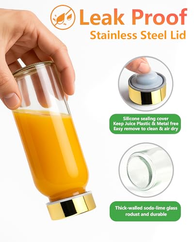 Image of Zukro Glass Water Bottles with Gold Lids 10.5 oz, 6 Pack Clear Reusable Glass Small Juice Bottles for Juicing, Milk, Ginger Shot, Stainless Steel Cap, BPA-Free Leak Proof 300ml Drinking Container Jar