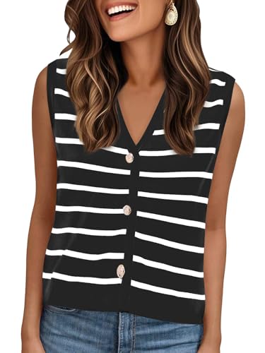 Chaleco de punto a rayas para mujer con cuello en V Allegra K estilo casual con botones