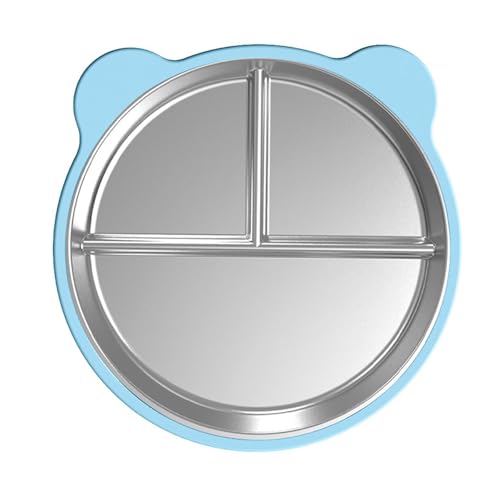 STFALI Teller mit Saugnapf, Edelstahl Teller Baby, Serviertablett mit Drei Fächern Und Abnehmbaren Saugnäpfen, Niedlich geformter Essteller (Durchmesser 23.5cm/9.25in)