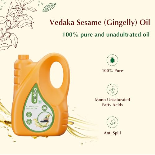 Image of Amazon Brand - Vedaka Cold Pressed Sesame Oil | 5 L Bottle | Gingelly Oil | Cheku /Ghani Oil | 100% Pure, Unrefined | Contains MUFA & Omega-6 PUFA | Contains Natural Antioxidants Lignans & Tocopherols