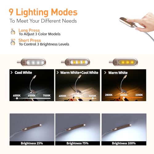Image of VAVOFO Rechargeable Book Light for Reading in Bed Kids, 7 LED Reading Light with 9-Level Warm Cool White Daylight, Eye Care Lamp with Power Indicator for Bookworms (Champagne Gold)