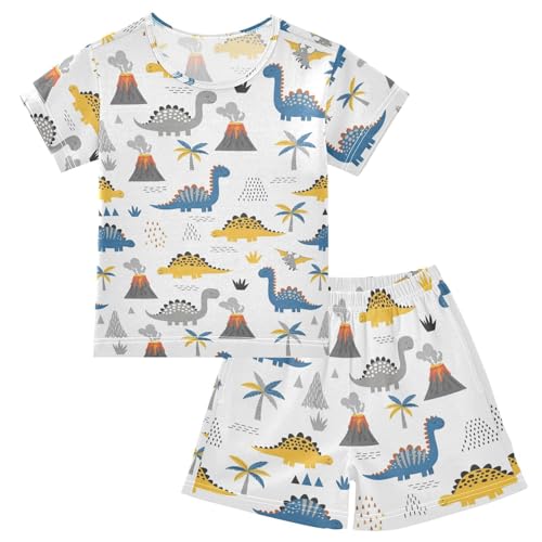 Dinosaur Volcano White Pajama Set Short Sleeve Pajamas Shorts Sets Cotton PJS 2 Piece Clothes Set