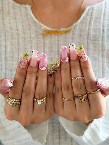 Petal Meadow 10pcs Spring Floral Press On Nails, 3D Blossom