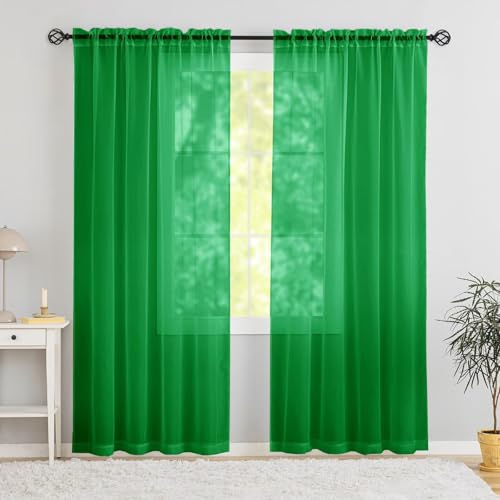 Karseteli Semi Voile Sheer Curtains 72 Inches Long 2 Panels Rod Pocket Window Treatment for Living Room Bedroom Dining Room(Green 52" W x 72" L)