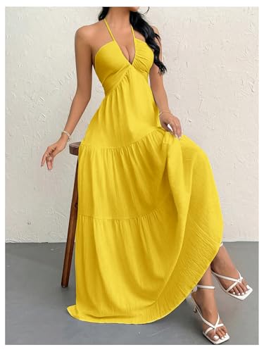 Image of SHENHE Women's Deep V Neck Tie Knot Backless Halter Dress A Line Flowy Ruffle Maxi Dress