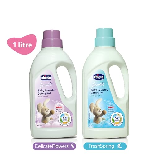 Image of Chicco Baby Liquid Laundry Detergent, 5X Stain & Germ Fighter, Kills 99% Of Germs, Dermatologically Tested For Effective & Gentle Cleaning, Delicate Flowers (1 L) (Pack of 2)