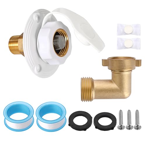 Image of OwnMy RV City Water Inlet with Check Valve Brass RV Water Inlet Connections with Hose Elbow Connector, RV City Water Fill Inlet Flange Replacement for Camper Marine Boat RV Trailer Accessories
