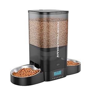 HoneyGuaridan 5L Automatic Cat Feeder for Two Cats, Cat Food Dispenser with Stainless Steel Bowl,Timed Cat Feeder Programmable 1-6 Meals Control, Dual Power Supply,Desiccant Bag,10s Meal Call Black