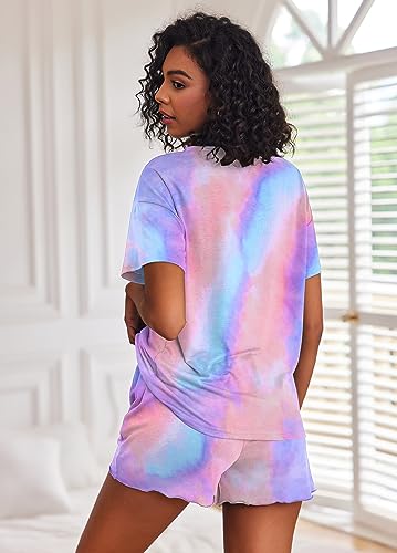 Image of Ekouaer Pajamas Set for Women Short Sleeve Lounge Set 2 Piece Loungewear PJs Soft Cute Lightweight Sleepwear