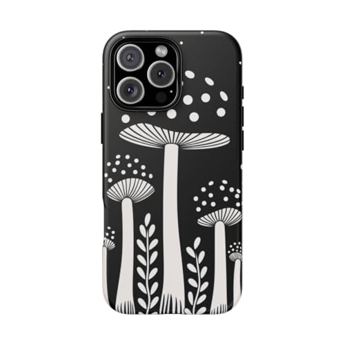 Coque iPhone 16 Pro Max rigide mate motif champignon noir et blanc protection chic