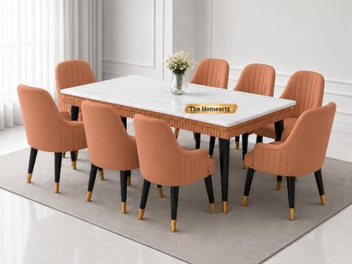 Image of Elara Modern Dining Table Set 8-Seater Wooden Dining Table Set | 1 Year Warranty | Nano Composite Marble Marble Top Table with 8 Chairs (Pink)