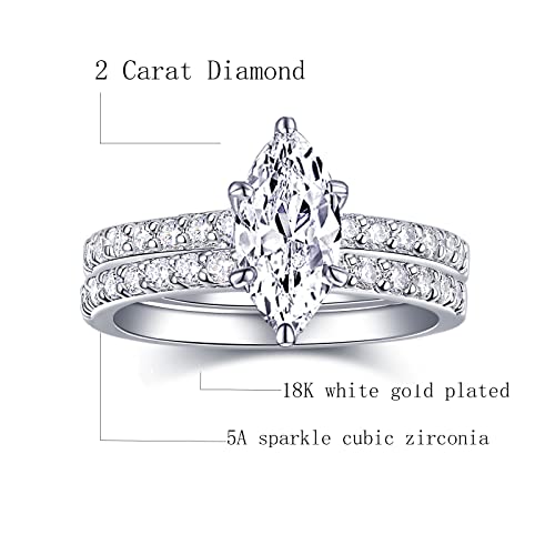 Image of 2 CT Marquise Cut Engagement Travel Rings Set for Women 18K White Gold Plated Fake Wedding Ring Band Promise Rings for Her, Cubic Zicornia Ring 2 PCS, Size 4-11