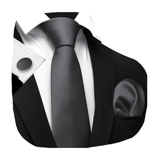 GUSLESON Charcoal Grey Ties For Men Solid Wedding Neckties and Pocket Square Cufflinks Sets (0789-51)