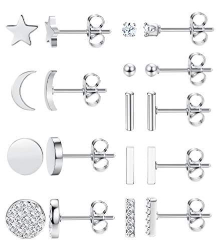 FIBO STEEL 9 Pairs Stainless Steel Star Moon Stud Earrings for Women Cute Bar CZ Stud Earring Set
