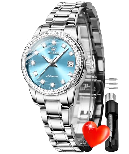 Image of OLEVS Womens Diamond Watches Automatic Mechanical Gold Luxury Dress Ladies Self Winding Original Stainless Steel Wrist Watch