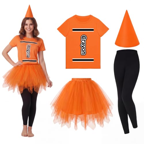 Mepase 4 Pcs Crayon Costume Set Crayon T Shirt Tutu Skirt Gnome Cone Hat Leggings for Women Group Team Outfit(Orange M)