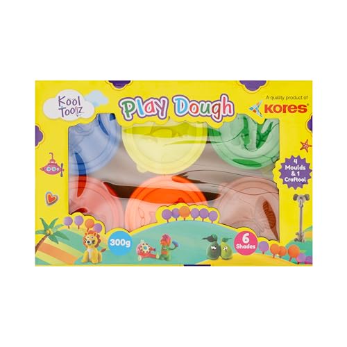 Image of Kores KoolToolz Modelling Dough 300gms | 6 Vibrant Colour (2 neon and 4 Regular) | 4 Moulds | 1 Crafting Tool | Return Gift | Multicolour | Kids 3+ Years