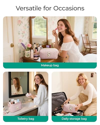 Image of BAGSMART Birthday Gifts Personalized Initial Makeup Bag, Trendy Stuff Gifts for Women Bridesmaid Graduation, Puffy Padded Make Up Bags for Women, Wide-open Toiletry Bag, Pink K