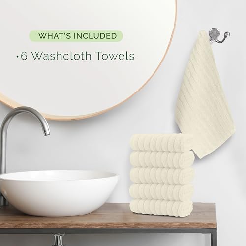 Image of Elegant Comfort 100% Turkish Cotton Corduroy Ribbed Luxury Washcloths 6 Pack Soft 13 x 13 Inch - Higly Absorbent, Durable, Quick Dry, Spa Premium Hotel Quality for Bathroom or Travel, Ivory