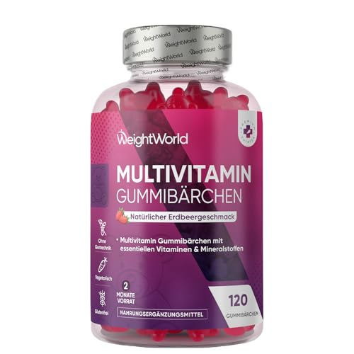 Multivitamin Gummibärchen - 120 Gummies mit 13 Zutaten - Mit Zink Vitamin C A D3 E B9 B5 Biotin - Natürlicher Erdbeergeschmack - 2 Monate Vorrat - Vitamin Gummibärchen - WeightWorld