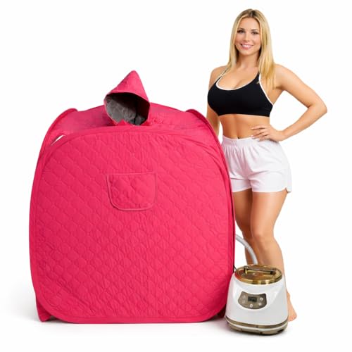 Image of Single Person Sauna, Portable Steam Full Body for Home Spa, Sauna Tent with Steamer 1500W 3 Litre Steam Generator, 90 Minute Timer, Remote Control Included (Pink)
