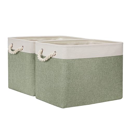 Image of Temary Storage Baskets Fabric Storage Bins for Shelves, 2 Pack Decorative Storage Boxes Canvas Storage Basket with Handles for Organizing Clothes, Books(White&Green,16Lx12Wx12H Inches)