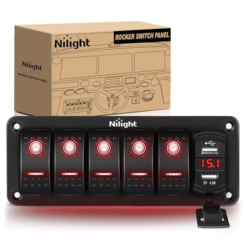 Nilight 5 Gang Rocker Switch Panel Red Backlit with 4.8 Amp Dual USB Charger Voltmeter Waterproof 12V 24V DC Switches with Night Glow Stickers for Car Trucks Boats RVs