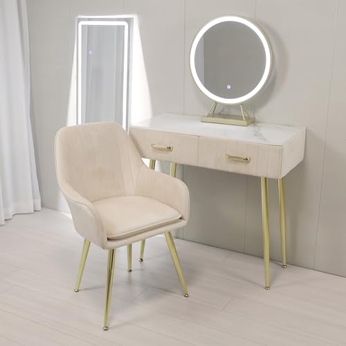 ドレッサー コンパクト お姫系 鏡台 化粧台収納 ベロア椅子 北欧風 オシャレ LEDミラー 化粧テーブル 収納付き セット J108 (80cmデスク+ベロア椅子+LEDミラー(3点), ベージュ)