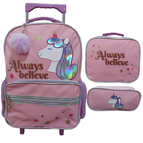 Kit Mochila Rodinha Lancheira Térmica e Estojo Unicórnio Yins YS42184 (Rosa) (Rosa)