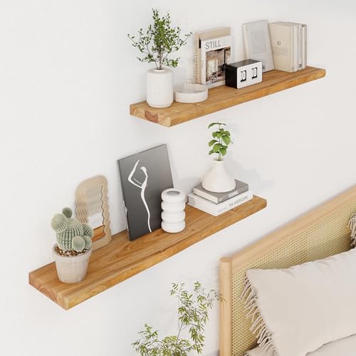 Image of Axeman 36 inch Floating Shelves for Wall Live Edge, Natural, 2PCs | 8'' D Rustic Solid Elm Wood, Wall Mounted, Invisible Bracket, Living Room Bedroom Kitchen