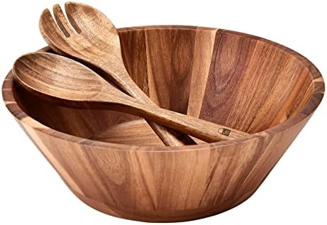 JF JAMES.F Wooden Salad Bowl, 12'' Acacia Wood Large Salad Bowl Set Big Salad Serving Bowl with Serving Utensils