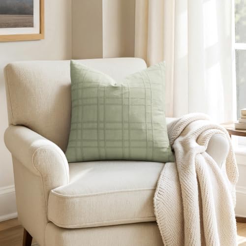 Image of MIULEE Decorative Linen Check Throw Pillow Covers Neutral Farmhouse Vintage Pillow Covers 20x20 Set of 2 Boho Modern Home Decor for Sofa Couch Bedroom Cushion Seeding Green