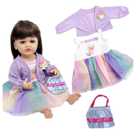 Baby Doll Clothes for 20-22 Inch Reborn Doll, Rainbow Lace Sweet Outfits with Bag New Doll Clothes Outfits, Purple Dresses Outfits for New Baby Dolls Girls Birthday Gift