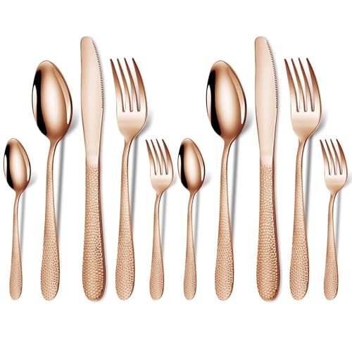 Image of aDai Hammered Rosegold Silverware Set | 10-Piece Premium Stainless Steel Flatware Set | Dishwasher Safe Cutlery Set for Home, Restaurant & Gifting