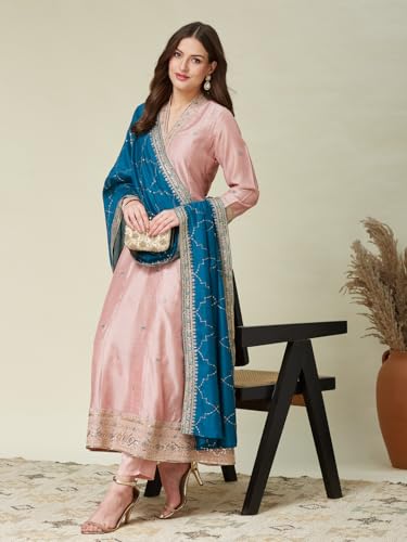 Image of MOKOSH Women's Silk Embroidery Anarkali Kurta Pant with Dupatta | Anarkali Kurta Set |Embroidered |V Neck Full Sleeve Ethnic Suit |3 Piece Outfit
