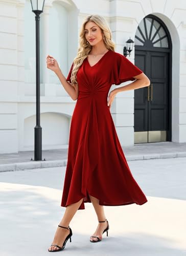 Image of QMZ Wedding Guest Dresses for Women V Neck Cocktail Dress Ruffle Sleeve A Line Evening Party Formal Dresses for Women