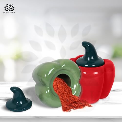 Image of QIMACPLUS Ceramic Capsicum Decorative Pickle Jar| Food Storage Jar | Multipurpose aachar, masala Jar For kitchen and Dining table 500 ML set of 2 Green and Pink
