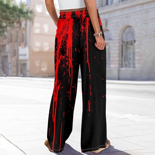 Women Casual High Waist Wide Leg Pants Halloween Bloody Long Palazzo Pants Horror Lounge Drawstring Trousers with Pockets3