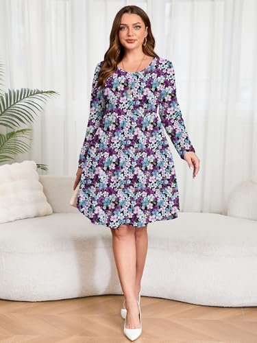 Image of AusLook Women's Plus Size Long Sleeve Midi Dress Casual Empire Waist Loose Flowy Dresses A-Line Boho Long Dress with Pockets