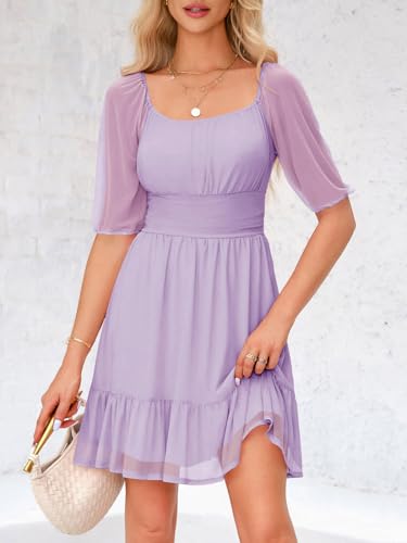 Image of Wenrine Womens Puff Short Sleeve Mini Dress Mesh Square Neck High Waist Ruffle Hem Flowy Party A Line Dress