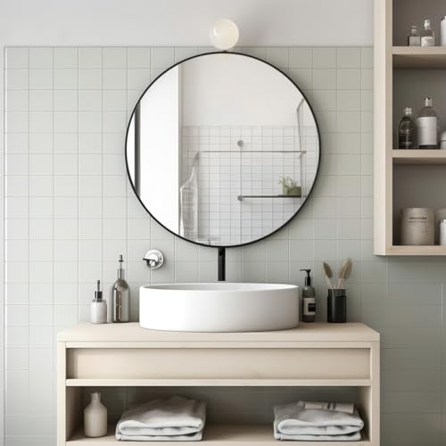 Image of ANDY STAR Round Wall Mirror, 26 inch Black Round Mirror Metal Framed, Modern Metal Frame Bathroom Vanity Mirror (Matte Black Finish)