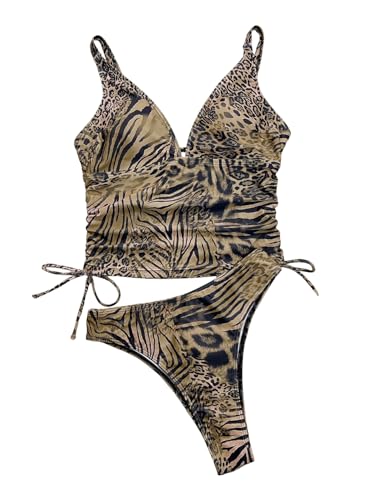 SOLY HUX Women's Leopard Print Tankini Swimsuits Deep V Neck Drawstring Side Swimwear Summer Two Piece Bathing Suit4