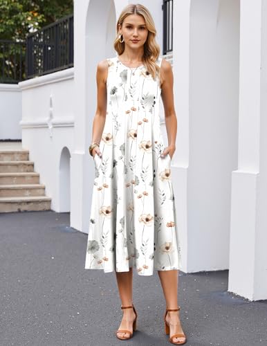 Image of HOTOUCH Summer Casual Dresses for Women Sleeveless Midi Dress Swing Tank Sundress Pleated Tshirt Dress with Pockets