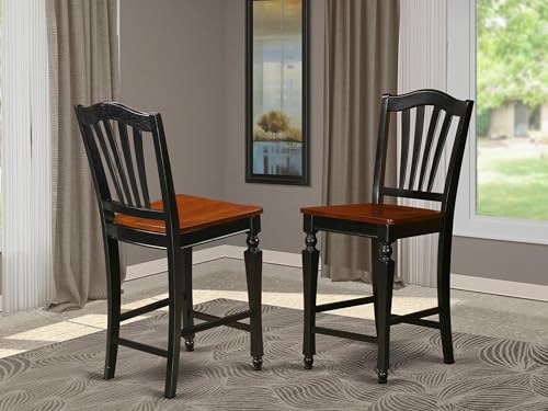 Butacos de altura para barra Chelsea de East West Furniture, asiento de madera con respaldo de madera y patas altas, juego de 2, color negro y cerezo miniatura 2