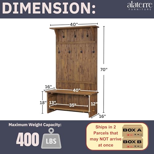 Alaterre Furniture Bethel 70-Inch Acacia Wood Hall Tree with Bench, Storage Shelves & Metal Coat Hooks – Entryway Organizer for Mudroom, Hallway, or Kitchen (Natural Aged Brown Finish)
