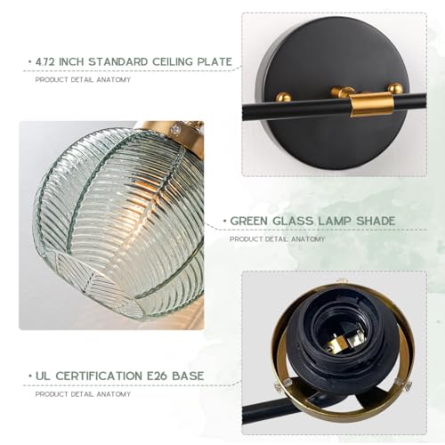 Image of Glass Wall Sconce 2 Light Bathroom Vanity Light Green Globe Wall Lamp with Ribbed Glass Shade Mid Century Modern Wall Sconces Black Gold Vanity Light for Over Mirror Bedroom Hallway