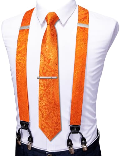 Image of Barry.Wang Men Suspender Set with Necktie Elastic Y Type Heavy Duty 6 Clips Braces Tie Handkerchief Cufflink Pin 6PCS, Solid Light Orange Floral