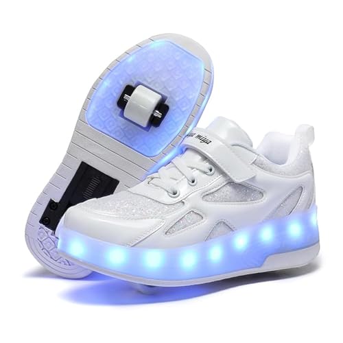 Roller Skate Shoes for Boys and Girls Kids LED Light Up Fashion Sneakers Skating Shoes with Rechargeable and Detachable Wheels The Gift for Party Birthday Christmas Day,White,11.5 UK Child