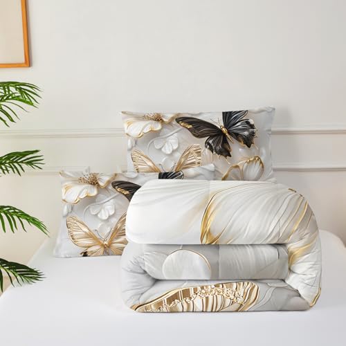 Image of Luxury 3D Butterfly Comforter Set Queen Size for Teen Boys Girls,Black and Goldern Butterfly Bedding Set,White Floral Print Quilt Set for Adults Women Bedroom Decor